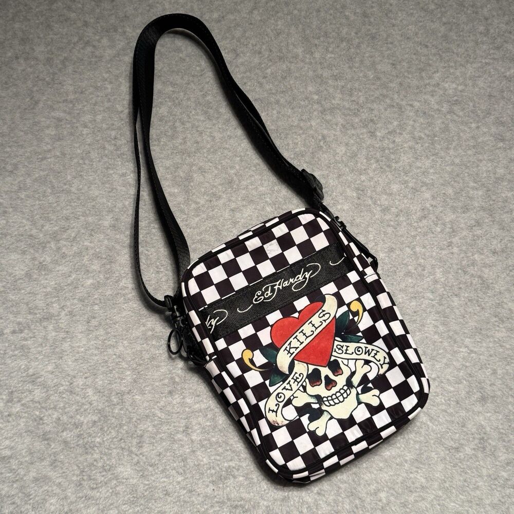 Ed Hardy Crossbody Bag Black White Check Skull Heart Love Kills Unisex Nylon Emo